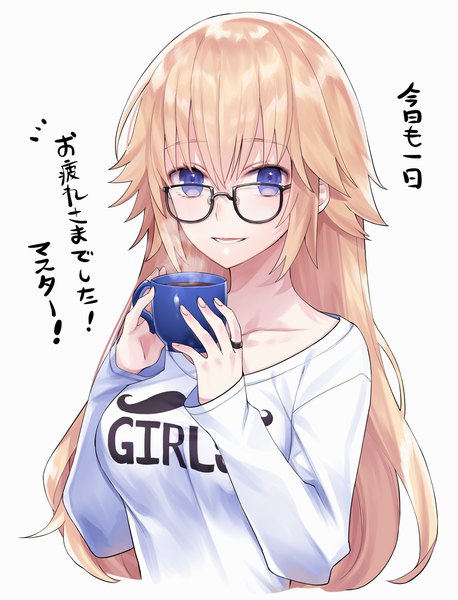 Anime picture 1107x1450 with fate (series) fate/apocrypha jeanne d'arc (fate) (all) jeanne d'arc (fate) ichinosenen single long hair tall image looking at viewer blush fringe open mouth blue eyes simple background blonde hair smile hair between eyes white background holding long sleeves