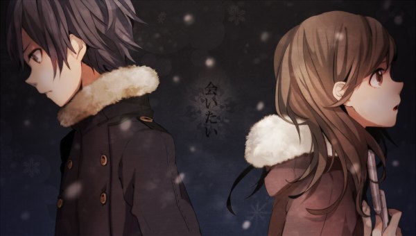 Anime picture 1200x680 with nico nico singer tama (songe) long hair short hair black hair brown hair wide image brown eyes profile couple snowing winter back to back double buttons girl boy buttons coat snowflake (snowflakes) phone