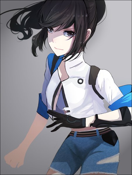 Anime picture 1170x1554 with renshen single long hair tall image looking at viewer fringe black hair simple background smile ponytail black eyes grey background girl gloves black gloves shorts single glove