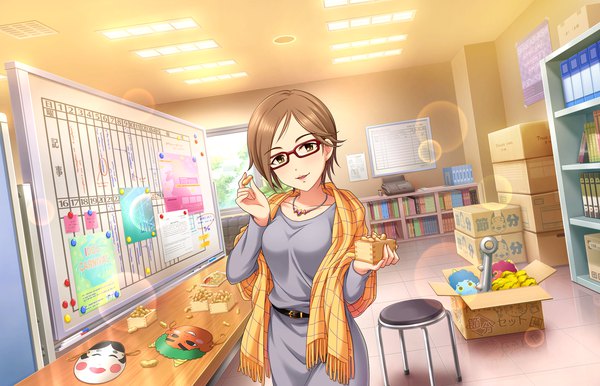 Anime picture 1280x824 with idolmaster idolmaster cinderella girls idolmaster cinderella girls starlight stage aikawa chinatsu single looking at viewer short hair brown hair holding brown eyes indoors head tilt light smile setsubun girl dress glasses belt pendant mask