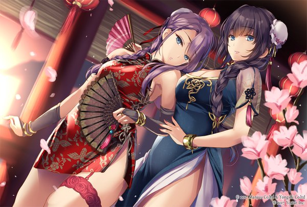 Anime picture 1331x900 with azur lane curacao (azur lane) curlew (azur lane) curlew (eastern beauty) (azur lane) moneti (daifuku) long hair looking at viewer fringe breasts blue eyes light erotic black hair hair between eyes large breasts standing bare shoulders multiple girls holding payot cleavage