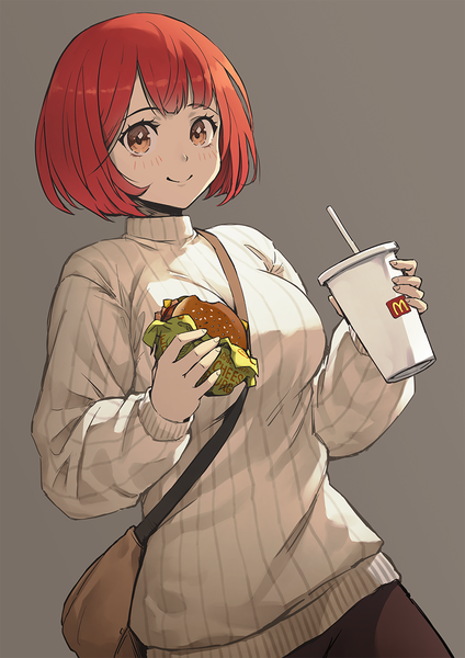 Anime picture 849x1200 with mcdonald's yoru mac mother (yoru mac) jchoy single tall image looking at viewer blush short hair simple background smile red hair grey background orange eyes girl food sweater bag disposable cup ribbed sweater