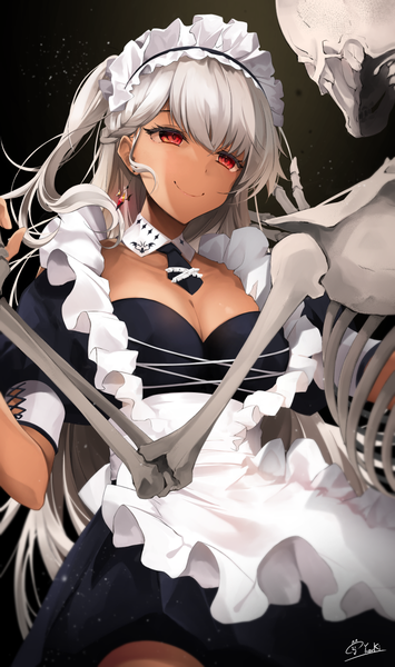 Anime picture 710x1200 with original hirai yuzuki single long hair tall image fringe breasts light erotic simple background smile red eyes signed looking away cleavage braid (braids) grey hair short sleeves maid puffy sleeves one side up