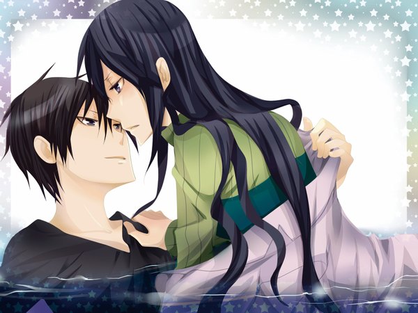 Anime picture 1600x1200 with durarara!! brains base (studio) orihara izaya yagiri namie long hair short hair black hair purple eyes face to face girl boy water star (symbol)