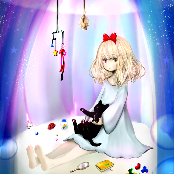 Anime picture 1600x1600 with original mari (milkuro-cat) single looking at viewer fringe short hair blonde hair sitting yellow eyes barefoot girl hair ornament bow animal food sweets star (symbol) book (books) cat ground vehicle