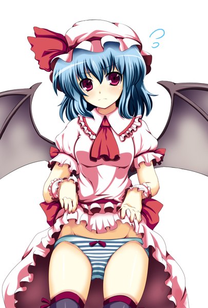 Anime picture 1181x1748 with touhou remilia scarlet nekur single tall image looking at viewer blush short hair light erotic simple background red eyes white background blue hair dress lift girl dress underwear panties wings bonnet