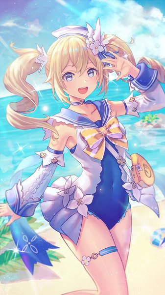 Anime picture 1080x1920 with genshin impact barbara (genshin impact) barbara (summertime sparkle) (genshin impact) anbe yoshirou single long hair tall image looking at viewer blush fringe open mouth blue eyes blonde hair smile hair between eyes standing twintails payot sky cloud (clouds)