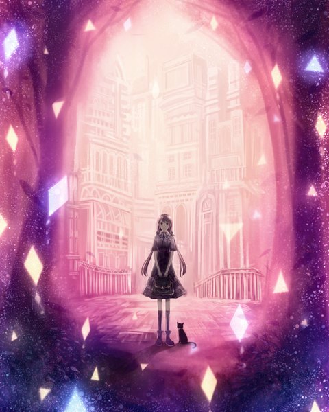 Anime picture 1200x1500 with original bounin single long hair tall image fringe brown hair standing twintails brown eyes girl dress animal socks shoes cat bag castle