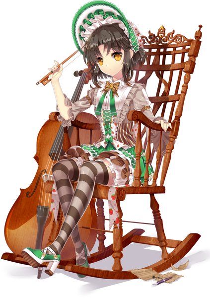 Anime picture 2727x3868 with original agrt single tall image looking at viewer highres short hair black hair simple background white background sitting yellow eyes girl thighhighs dress frills striped thighhighs bonnet bow (instrument) cello
