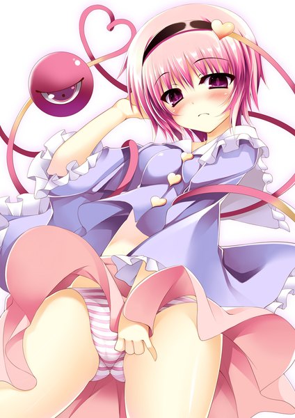 Anime picture 744x1052 with touhou komeiji satori kusano (torisukerabasu) single tall image looking at viewer blush short hair light erotic purple eyes purple hair skirt lift girl dress skirt underwear panties hairband eyeball