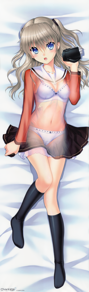 Anime picture 2259x7355 with charlotte p.a. works tomori nao na-ga single long hair tall image looking at viewer blush highres open mouth blue eyes light erotic grey hair two side up dakimakura (medium) girl skirt navel uniform