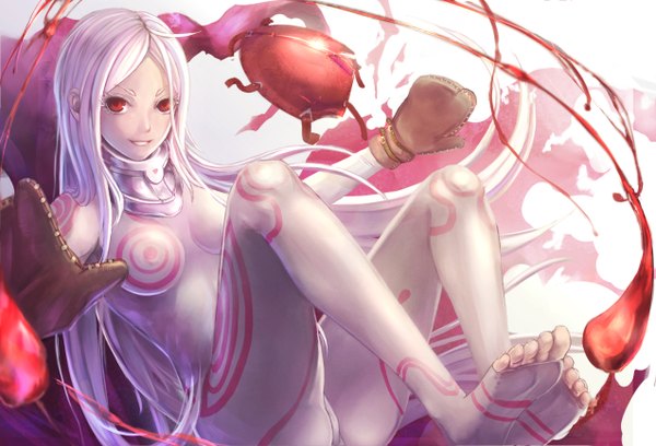 Anime picture 1274x868 with deadman wonderland shiro (deadman wonderland) yazuwo single looking at viewer breasts light erotic smile red eyes white hair very long hair legs albino girl blood bodysuit toes mittens