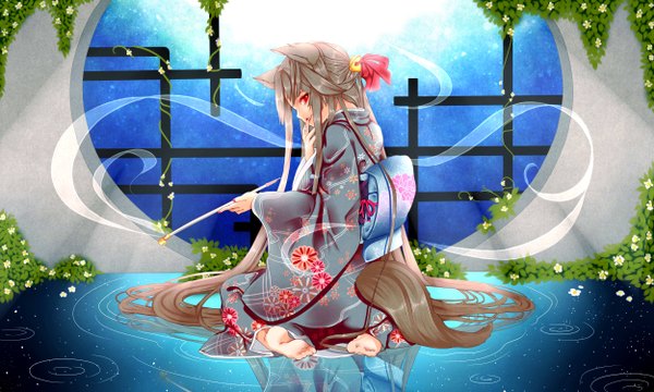 Anime picture 5000x3000 with original sansaki shin (artist) single highres red eyes wide image sitting absurdres very long hair japanese clothes barefoot smoking girl flower (flowers) plant (plants) water kimono moon pipe kiseru