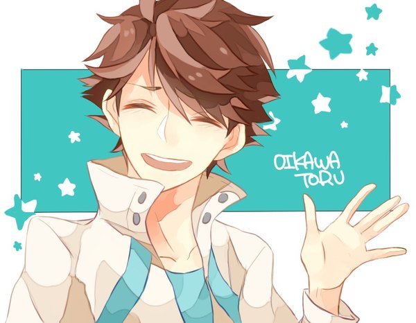 Anime picture 900x700 with haikyuu!! production i.g ooikawa tooru omamon single blush short hair open mouth brown hair upper body eyes closed character names ^ ^ outside border waving boy uniform star (symbol) gym uniform