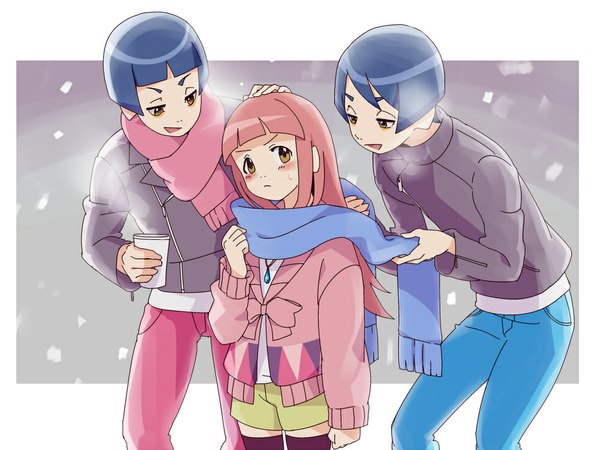 Anime picture 1000x750 with uchouten kazoku p.a. works ebisugawa ginkaku ebisugawa kinkaku ebisugawa kaisei sigumado66 long hair blush fringe short hair open mouth brown hair brown eyes blue hair looking away winter exhalation twins family girl