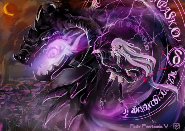 Anime picture 1240x877 with original pixiv fantasia pixiv fantasia v black cat (artist) long hair purple eyes horn (horns) grey hair magic lightning electricity girl thighhighs dress black thighhighs detached sleeves monster magic circle