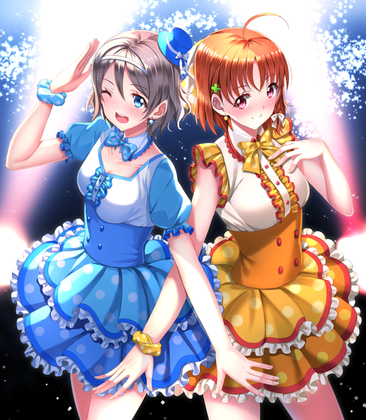 Anime picture 1199x1375 with love live! sunshine!! sunrise (studio) love live! watanabe you takami chika swordsouls tall image looking at viewer blush short hair open mouth blue eyes red eyes multiple girls one eye closed grey hair wink orange hair wrist scrunchie girl