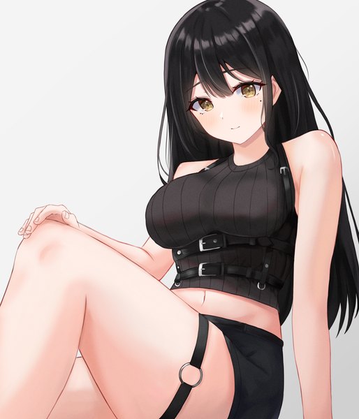 Anime picture 3000x3500 with original kano (wi3028) single long hair tall image looking at viewer blush fringe highres breasts simple background smile hair between eyes sitting bare shoulders yellow eyes bent knee (knees) mole midriff sleeveless