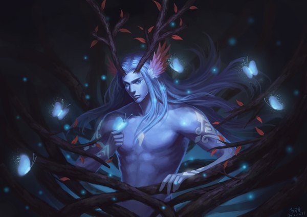 Anime picture 1500x1061 with original piaoluo de fei yu single long hair blue eyes signed blue hair horn (horns) tattoo glowing topless head wings boy wings leaf (leaves) insect butterfly branch fireflies