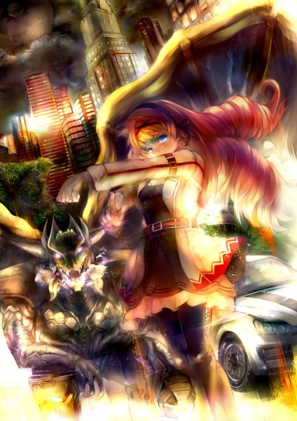 Anime picture 1400x1979 with original luco-san long hair tall image looking at viewer blue eyes cloud (clouds) red hair teeth city drill hair girl dress gloves ribbon (ribbons) hair ribbon pantyhose wings belt ground vehicle