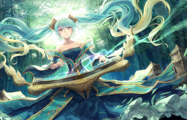 Anime picture 1280x825 with league of legends sona buvelle kyurin (sunnydelight) single open mouth bare shoulders yellow eyes very long hair sunlight aqua hair girl dress plant (plants) bamboo