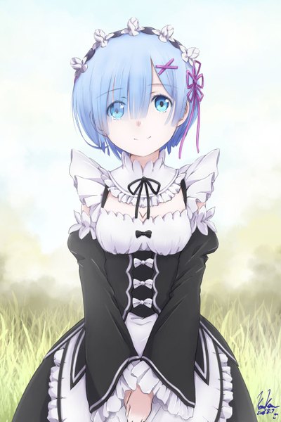 Anime picture 1000x1499 with re:zero kara hajimeru isekai seikatsu white fox rem (re:zero) kem kem single tall image looking at viewer fringe short hair blue eyes blue hair hair over one eye maid girl dress uniform detached sleeves headdress maid headdress x hair ornament