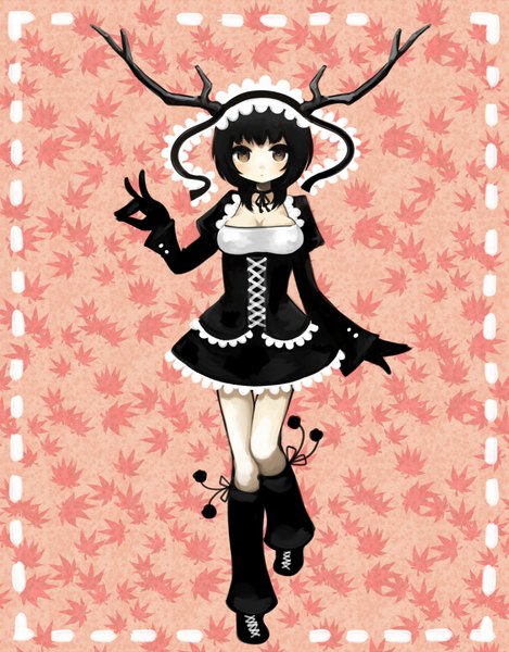 Anime picture 782x1000 with original morina nao single tall image looking at viewer short hair breasts black hair standing brown eyes cleavage horn (horns) maid underbust girl gloves black gloves frills headdress maid headdress