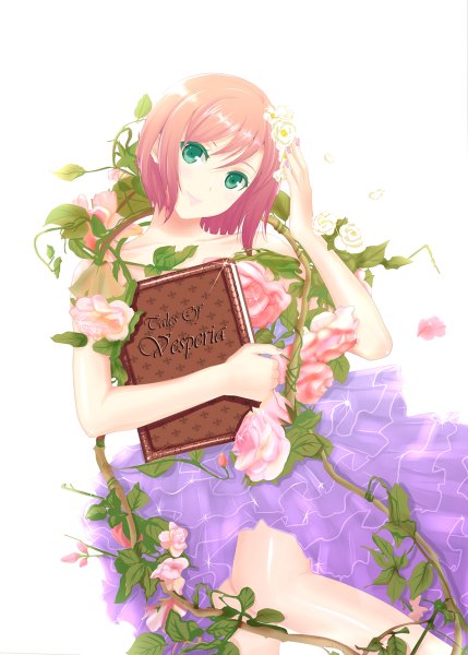 Anime picture 858x1200 with tales of (series) tales of vesperia estellise sidos heurassein misu kasumi single tall image looking at viewer short hair simple background white background green eyes pink hair girl dress flower (flowers) book (books)