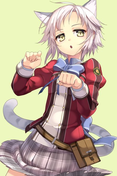 Anime picture 1000x1500 with eiyuu densetsu falcom (studio) fie claussell btoor single tall image looking at viewer fringe short hair open mouth simple background standing animal ears yellow eyes white hair tail animal tail pleated skirt cat ears cat girl