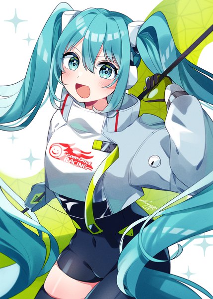 Anime picture 1500x2100 with vocaloid goodsmile racing hatsune miku racing miku racing miku (2022) edamameko single tall image blush fringe open mouth hair between eyes twintails signed very long hair :d aqua eyes from above aqua hair covered navel