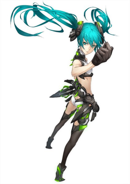 Anime picture 1000x1414 with vocaloid vocaloid append hatsune miku hatsune miku (append) yucca-612 (neco) single tall image looking at viewer light erotic simple background white background very long hair aqua eyes aqua hair alternate costume girl gloves hair ornament