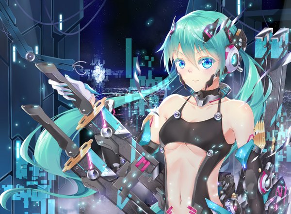 イラスト 1515x1116 と ボーカロイド 初音ミク 风骚华探长 ソロ 長髪 カメラ目線 赤面 前髪 おっぱい 青い目 笑顔 ツインテール aqua hair bare belly 女の子 へそ 武器 袖だけ 剣 ヘッドフォン