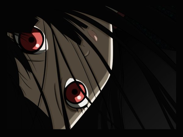 Anime picture 1600x1200 with hell girl studio deen enma ai black hair red eyes black background