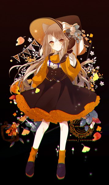 Anime picture 755x1273 with original yuzuyomogi single long hair tall image looking at viewer brown hair standing brown eyes animal ears full body tail animal tail cat ears cat girl cat tail adjusting hat girl gloves hat