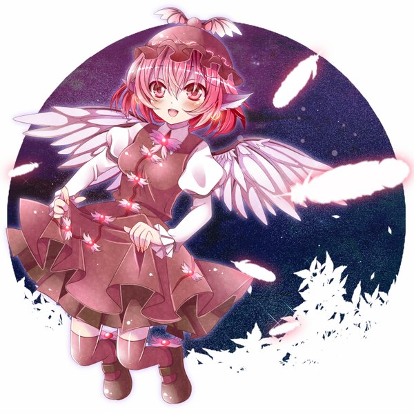 Anime picture 1500x1500 with touhou mystia lorelei nekosugi (hoshi) single blush short hair red eyes animal ears pink hair girl dress wings feather (feathers)