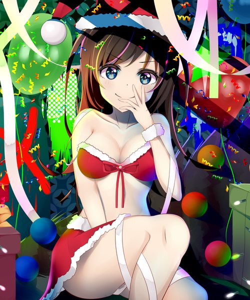 Anime-Bild 5000x6000 mit virtual youtuber a.i. channel kizuna ai nanofarla single long hair tall image looking at viewer blush fringe highres breasts light erotic smile brown hair large breasts sitting payot absurdres cleavage