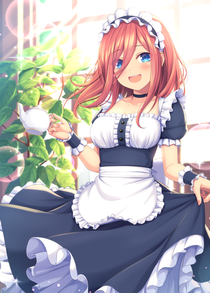 Anime picture 1000x1390 with go-toubun no hanayome nakano miku tiphereth single long hair tall image looking at viewer blush fringe breasts open mouth smile hair between eyes standing holding payot indoors :d sunlight short sleeves