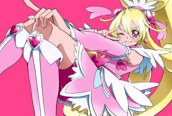 Anime picture 3496x2362 with precure dokidoki! precure toei animation aida mana cure heart ao mikan single long hair looking at viewer fringe highres blonde hair simple background smile hair between eyes absurdres ponytail one eye closed pink eyes wink