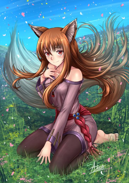 Anime picture 1240x1754 with spice and wolf horo adsouto single long hair tall image looking at viewer blush fringe smile hair between eyes red eyes brown hair sitting bare shoulders signed animal ears payot sky full body