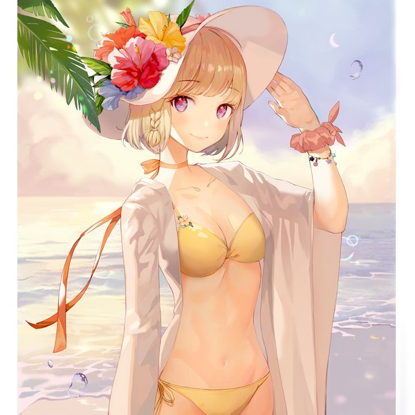 Anime picture 4000x4000 with original tanchobee single looking at viewer blush fringe highres short hair breasts blonde hair smile standing absurdres sky cleavage cloud (clouds) outdoors blunt bangs braid (braids) pink eyes
