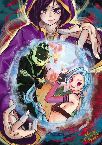 Anime picture 2893x4092 with league of legends jinx (league of legends) thresh (league of legends) kay jay long hair tall image looking at viewer blush highres short hair breasts smile purple eyes bare shoulders multiple girls signed blue hair sky purple hair braid (braids)