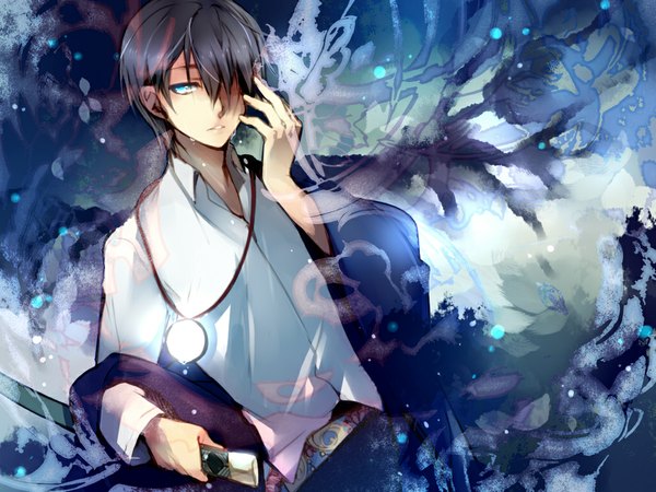 Anime picture 1024x768 with original matsunaka hiro single fringe short hair blue eyes black hair aqua eyes hair over one eye boy shirt mirror phone locket