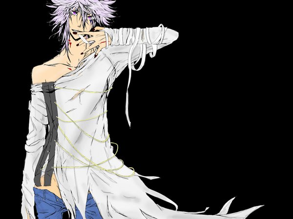 Anime picture 1067x800 with katekyou hitman reborn byakuran climb (artist) short hair simple background purple eyes bare shoulders purple hair nail polish open clothes tattoo mouth hold torn clothes black background boy blood bandage (bandages) scratch vampire bite