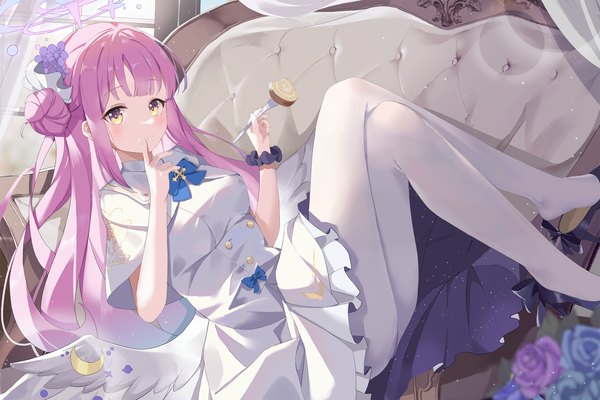 Anime picture 3000x2002 with blue archive mika (blue archive) serika single long hair blush fringe highres light erotic yellow eyes pink hair blunt bangs hair bun (hair buns) crossed legs finger to mouth reclining white wings girl dress pantyhose