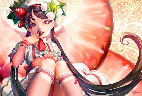 Anime picture 1000x677 with original b.c.n.y. (bcnyart) single looking at viewer fringe open mouth black hair sitting twintails bent knee (knees) very long hair pink eyes hair flower from below eating girl hair ornament flower (flowers) socks food