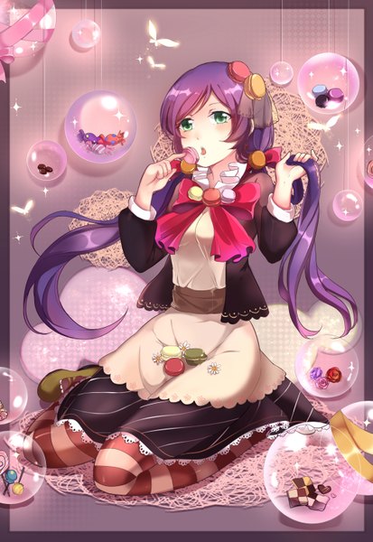 Anime picture 2079x3021 with love live! school idol project love live! school idol festival sunrise (studio) love live! toujou nozomi xinghuo single long hair tall image blush fringe highres open mouth twintails green eyes looking away purple hair nail polish low twintails eating