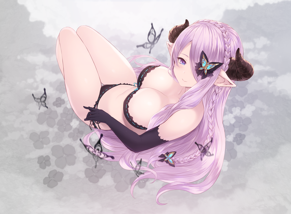 Anime picture 5315x3898 with granblue fantasy narmaya (granblue fantasy) cait single long hair looking at viewer fringe highres breasts light erotic smile large breasts purple eyes absurdres cleavage purple hair full body braid (braids) horn (horns) from above