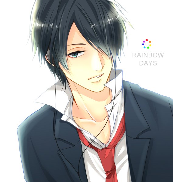 Anime picture 968x1021 with nijiiro days naoe tsuyoshi heine (pixiv829991) single tall image fringe short hair black hair simple background white background looking away upper body parted lips aqua eyes hair over one eye copyright name open collar boy uniform school uniform