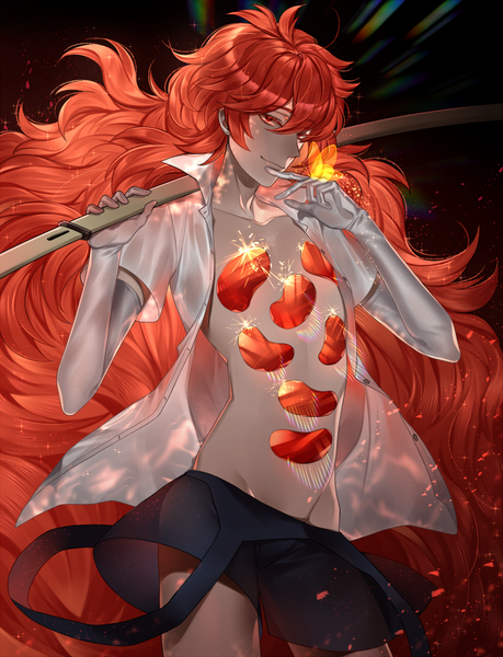 Anime-Bild 1000x1307 mit houseki no kuni padparadscha (houseki no kuni) cao hong anh single tall image looking at viewer fringe light erotic hair between eyes red eyes red hair very long hair light smile open shirt groin androgynous butterfly on hand weapon over shoulder gloves weapon