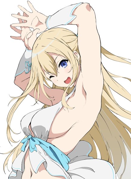 Anime picture 877x1200 with amagi brilliant park kyoto animation sylphy (amaburi) yoshiki360 single long hair tall image looking at viewer breasts open mouth blue eyes light erotic simple background blonde hair large breasts white background one eye closed wink no bra arms up